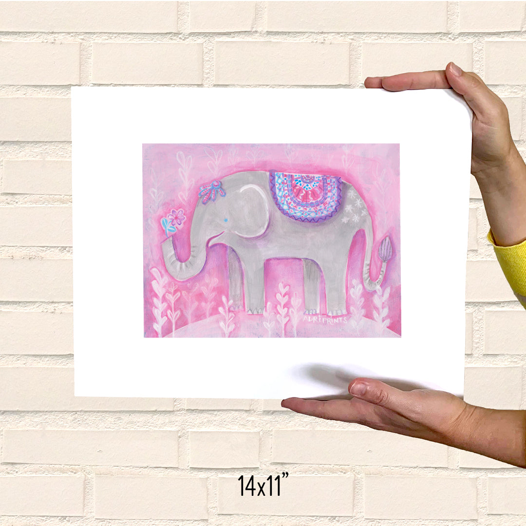 PRINT - Elephant with Pink Flower, art by Adriana Bergstrom