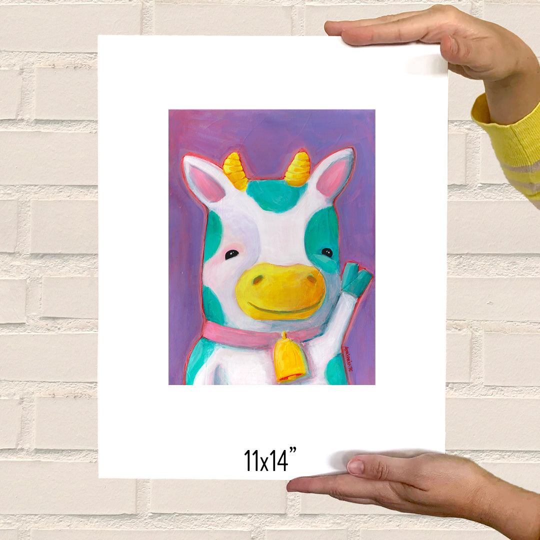 ART PRINT - Teal Spotted Cow on Purple ART PRINT in various sizes featuring original artwork by Adriana Bergstrom (Adriprints)