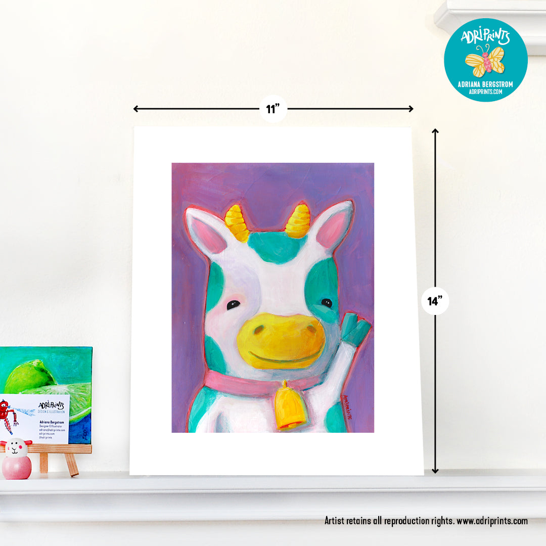 PRINT - Teal Spotted Cow on Purple ART PRINT in various sizes featuring original artwork by Adriana Bergstrom (Adriprints)