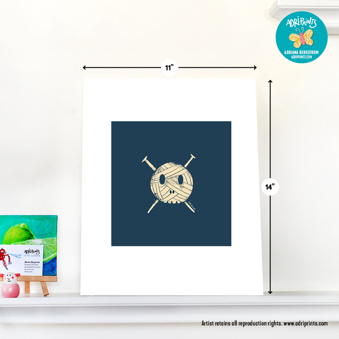 PRINT - Knitting Yarn Skull and Crossbones art print featuring art by Adriana Bergstrom (Adriprints)