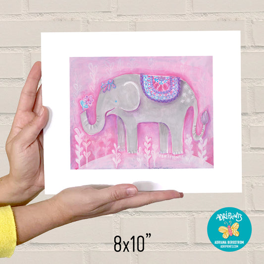 PRINT - Elephant with Pink Flower, art by Adriana Bergstrom