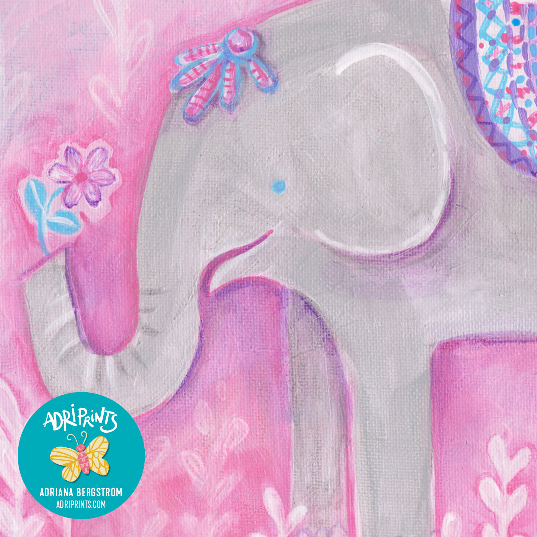 ART PRINT - Elephant with Pink Flower, art by Adriana Bergstrom