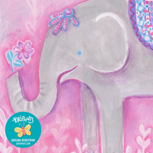PRINT - Elephant with Pink Flower, art by Adriana Bergstrom