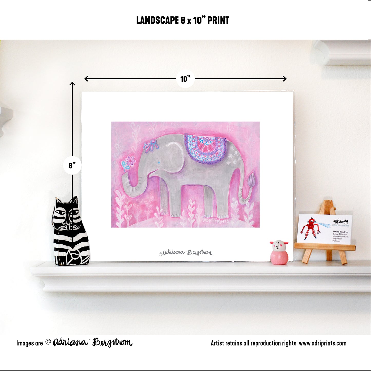 PRINT - Elephant with Pink Flower, art by Adriana Bergstrom
