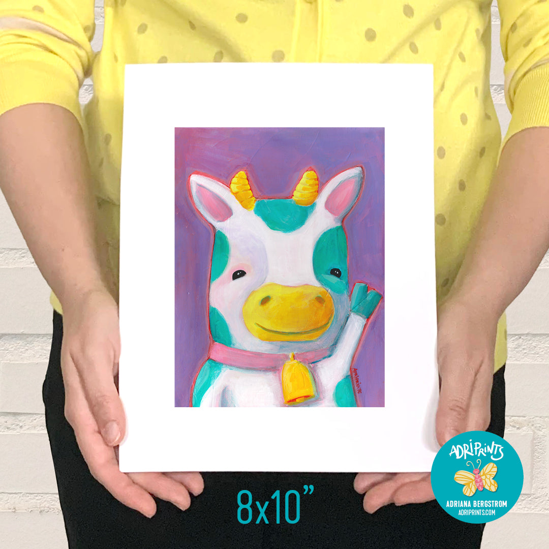 PRINT - Teal Spotted Cow on Purple ART PRINT in various sizes featuring original artwork by Adriana Bergstrom (Adriprints)