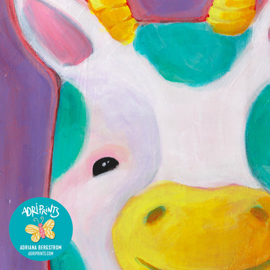 PRINT - Teal Spotted Cow on Purple ART PRINT in various sizes featuring original artwork by Adriana Bergstrom (Adriprints)