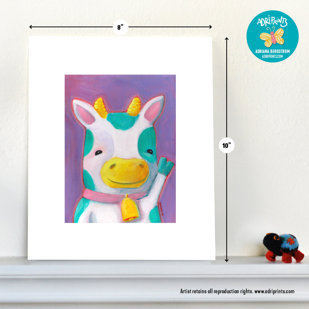 ART PRINT - Teal Spotted Cow on Purple ART PRINT in various sizes featuring original artwork by Adriana Bergstrom (Adriprints)