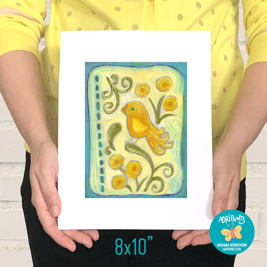 ART PRINT - Yellow Folk Art Bird print of painting by Adriana Bergstrom (Adriprints)