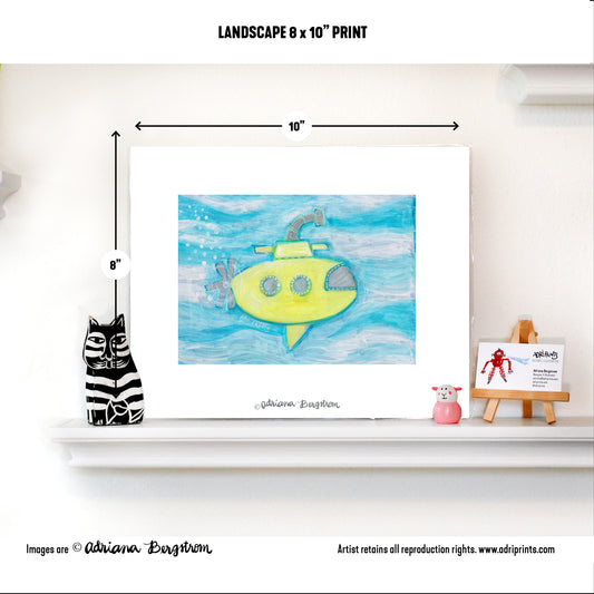 PRINT - Little Yellow Submarine Giclee PRINT of original painting by Adriprints, for undersea nursery