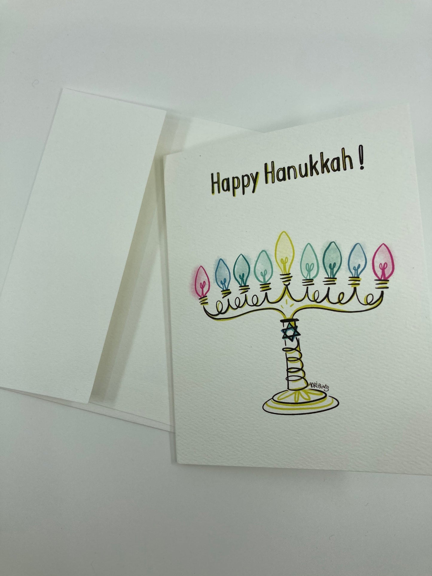 Happy Hanukkah Menorah, minimalist eco-friendly greetings, boxed 10 pack card set, art by Adriana Bergstrom