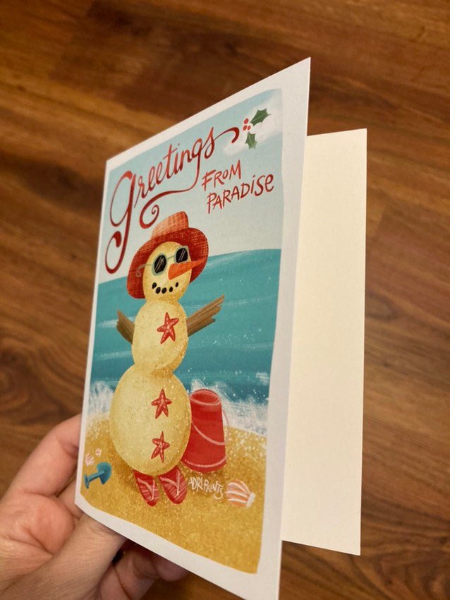 Sandy Snowman Greetings from Paradise, eco-friendly boxed cards 10 pack, art by Adriana Bergstrom