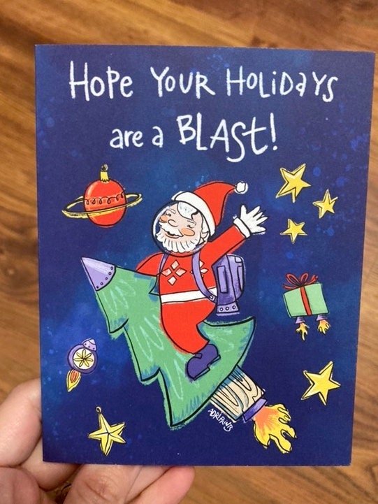 HOLIDAY Space Santa eco-friendly greetings, boxed 10 pack card set, art by Adriana Bergstrom