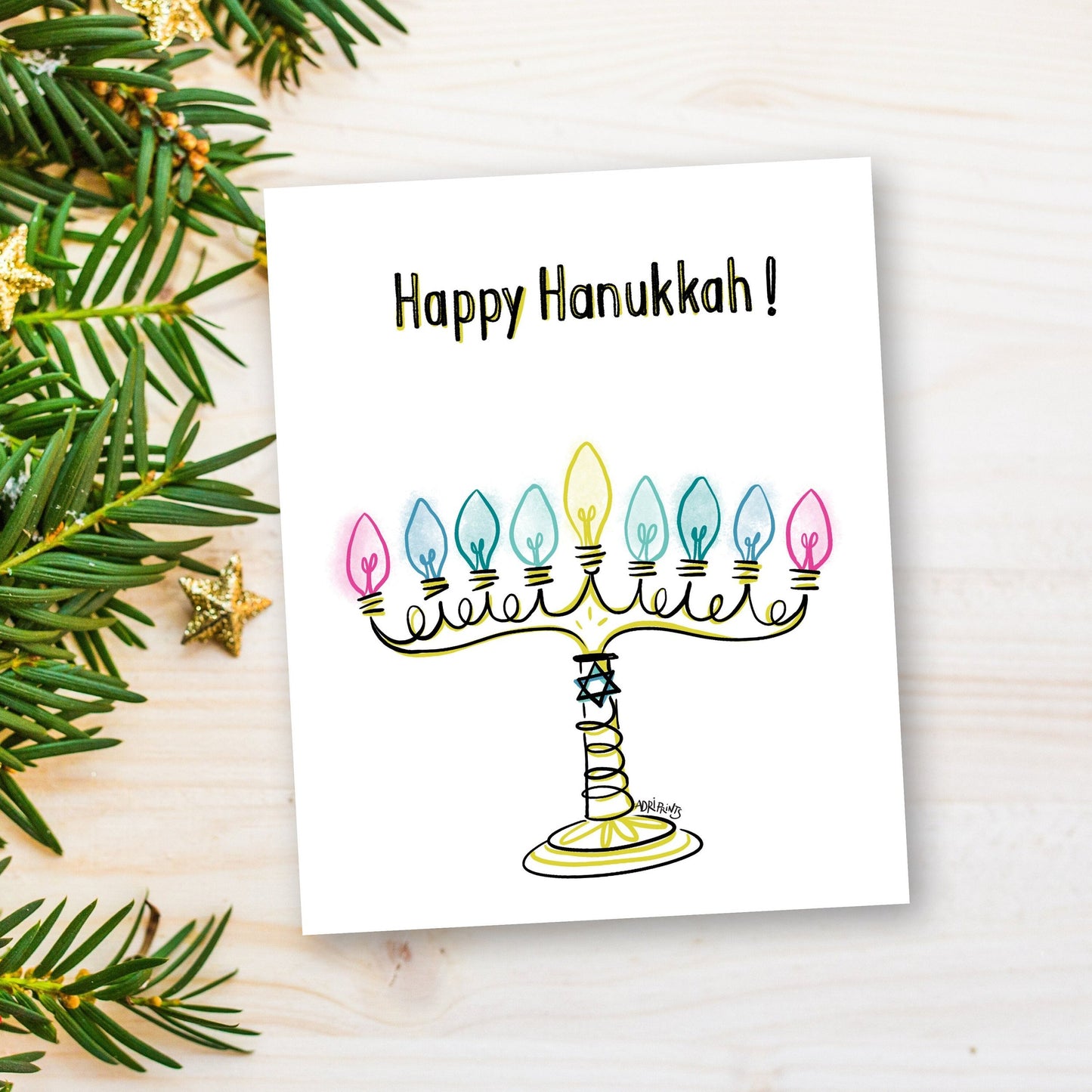 Happy Hanukkah Menorah, minimalist eco-friendly greetings, boxed 10 pack card set, art by Adriana Bergstrom
