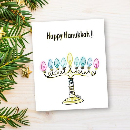 Happy Hanukkah Menorah, minimalist eco-friendly greetings, boxed 10 pack card set, art by Adriana Bergstrom