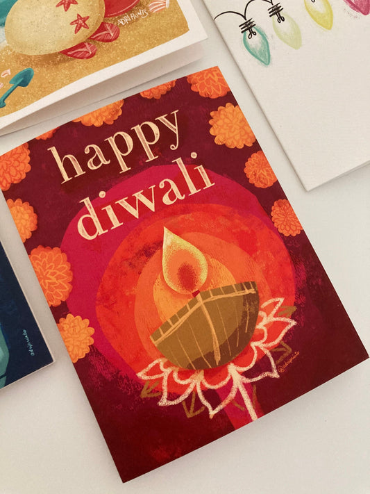 Happy Diwali eco-friendly greetings, boxed 10 pack card set, art by Adriana Bergstrom