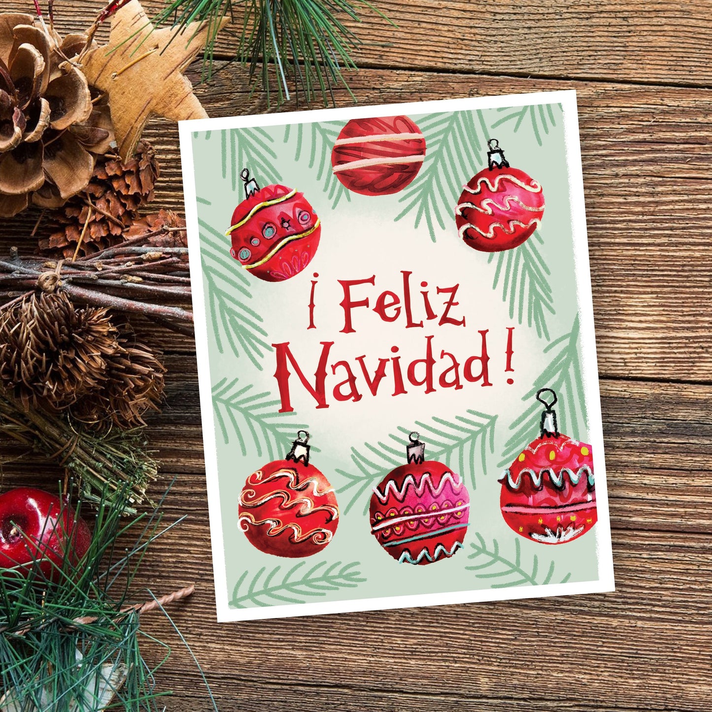 HOLIDAY Feliz Navidad Ornaments eco-friendly 10 pack card set, art by Adriana Bergstrom