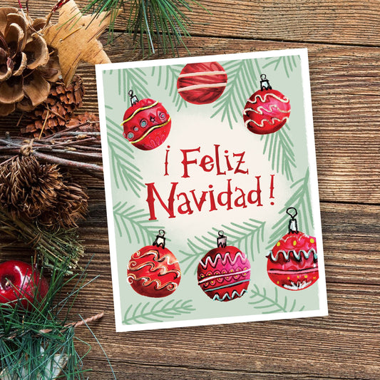 HOLIDAY Feliz Navidad Ornaments eco-friendly 10 pack card set, art by Adriana Bergstrom