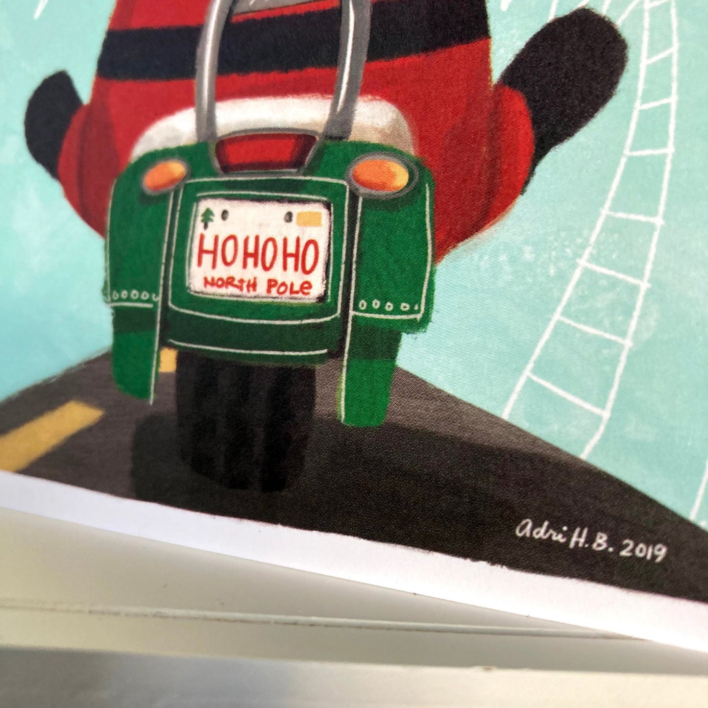 Santa on a Motorcycle eco-friendly greetings, boxed 10 pack card set, art by Adriana Bergstrom