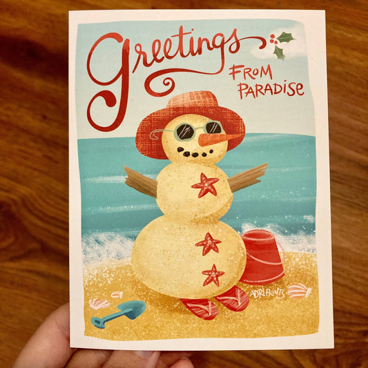 Sandy Snowman Greetings from Paradise, eco-friendly boxed cards 10 pack, art by Adriana Bergstrom