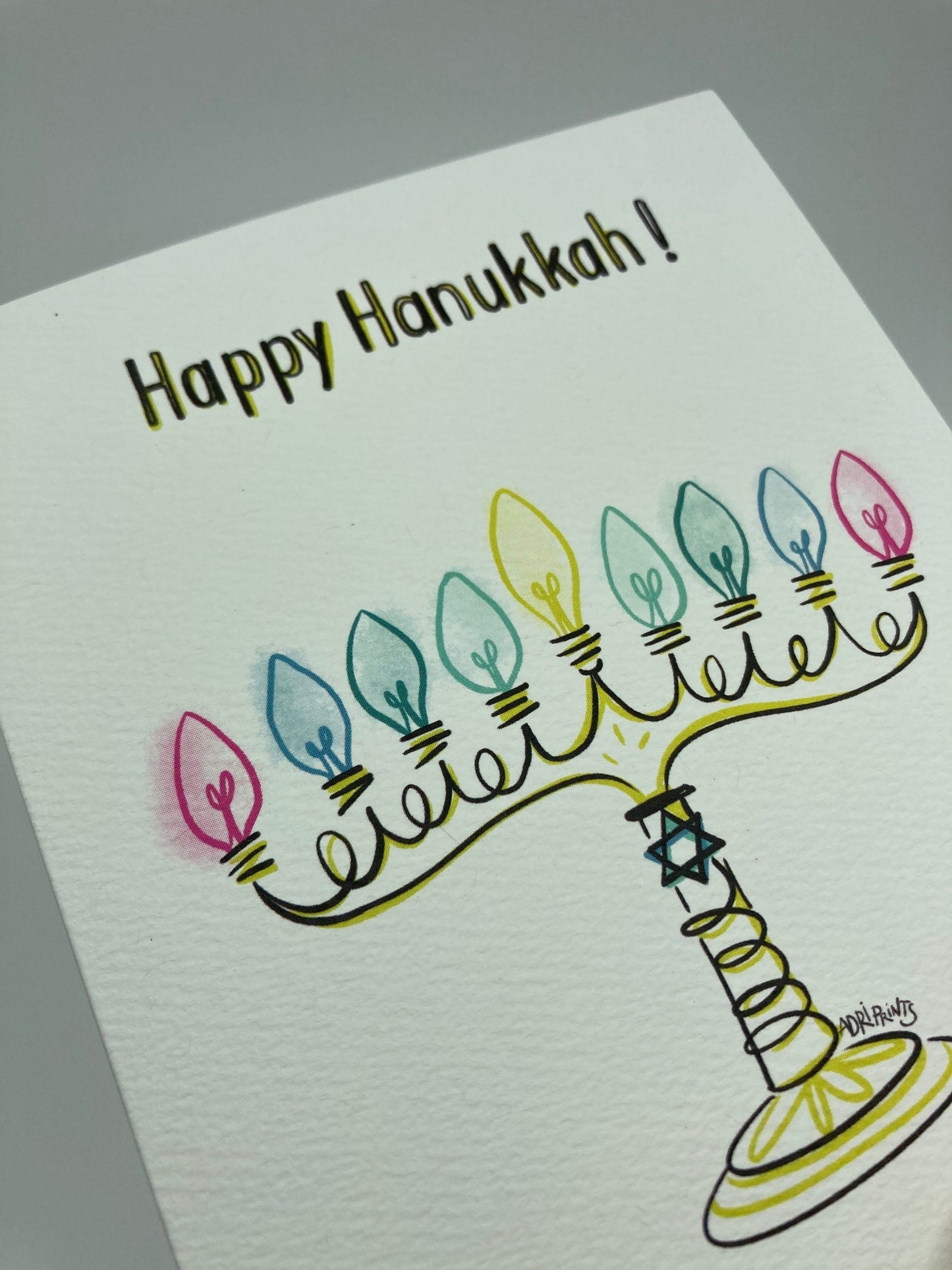 Happy Hanukkah Menorah, minimalist eco-friendly greetings, boxed 10 pack card set, art by Adriana Bergstrom