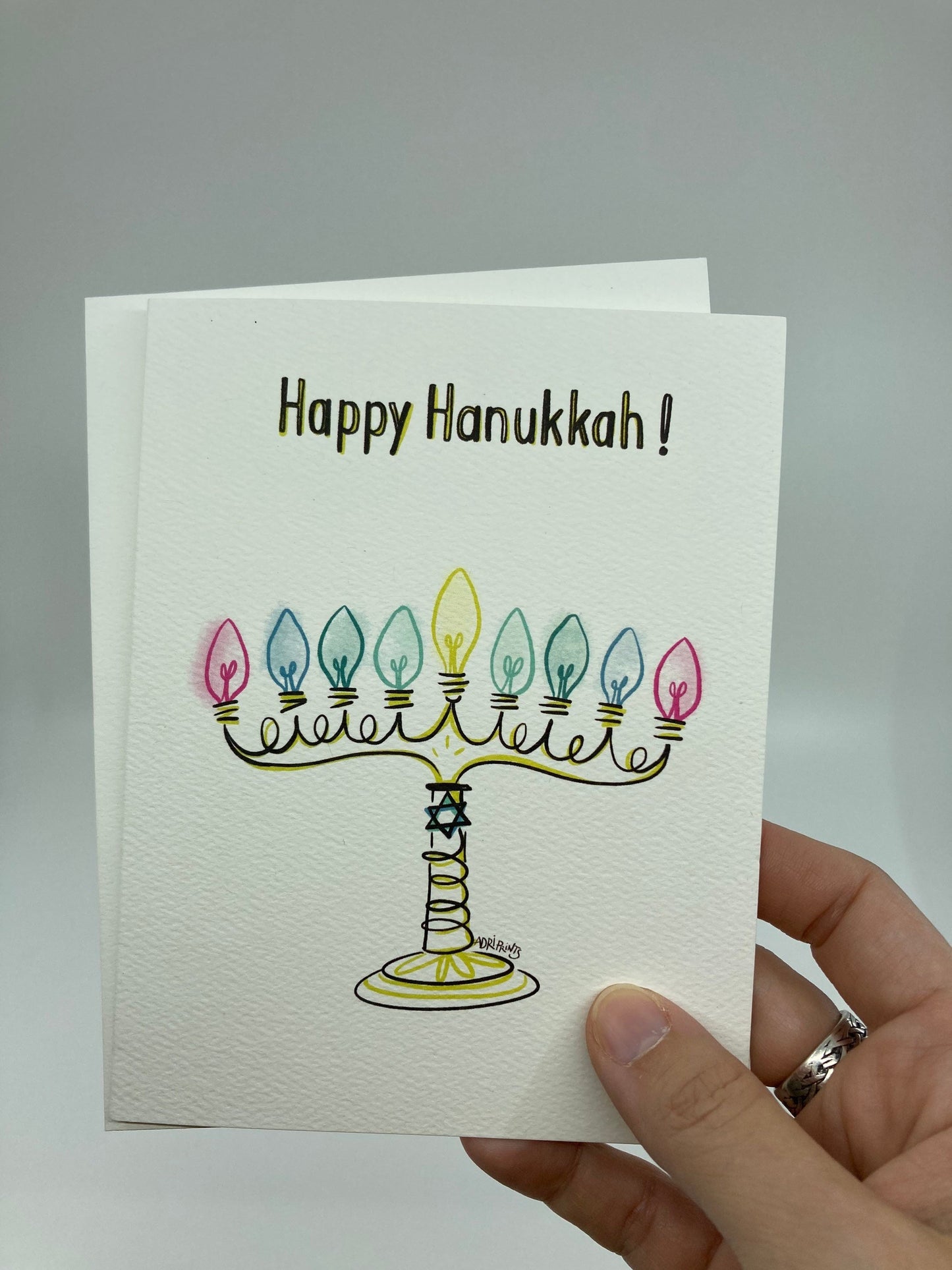 Happy Hanukkah Menorah, minimalist eco-friendly greetings, boxed 10 pack card set, art by Adriana Bergstrom