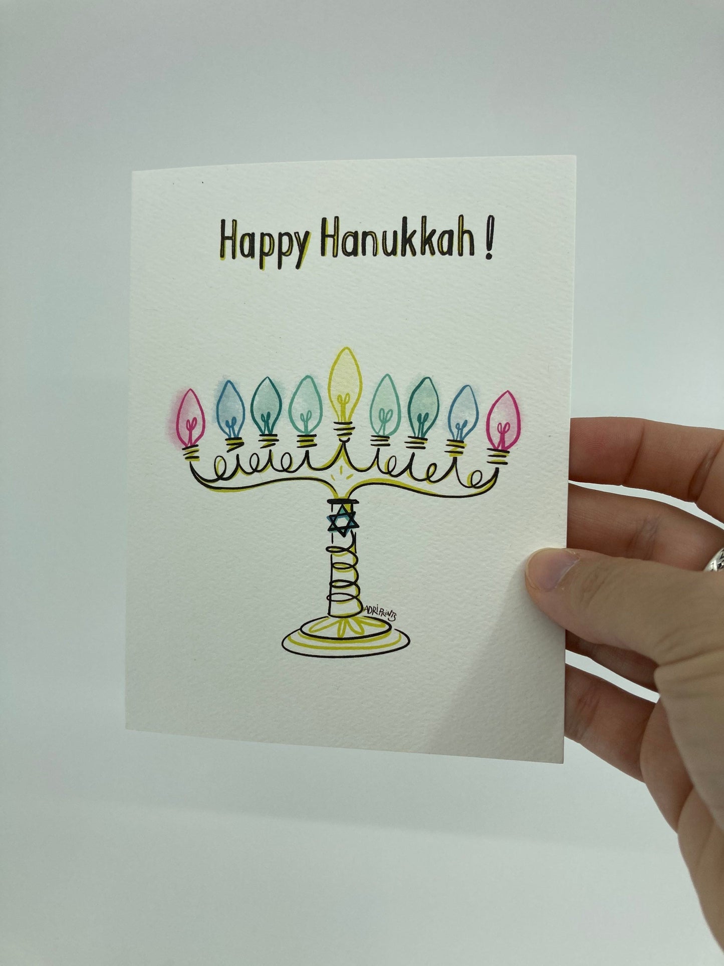 Happy Hanukkah Menorah, minimalist eco-friendly greetings, boxed 10 pack card set, art by Adriana Bergstrom