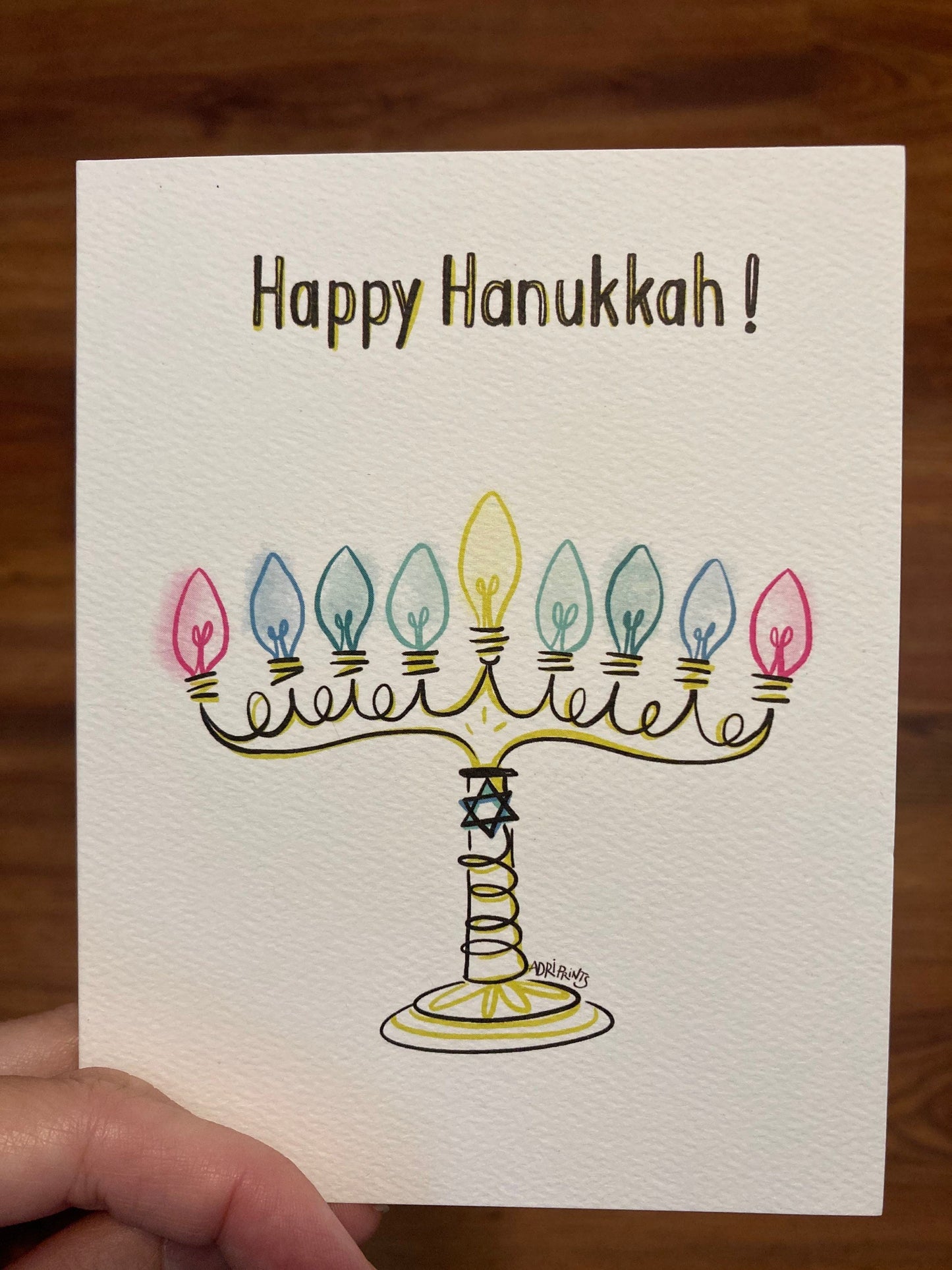 Happy Hanukkah Menorah, minimalist eco-friendly greetings, boxed 10 pack card set, art by Adriana Bergstrom