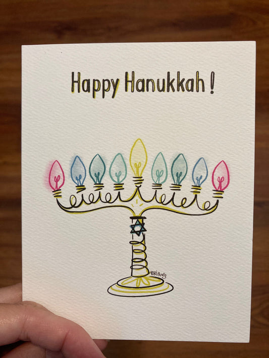 Happy Hanukkah Menorah, minimalist eco-friendly greetings, boxed 10 pack card set, art by Adriana Bergstrom