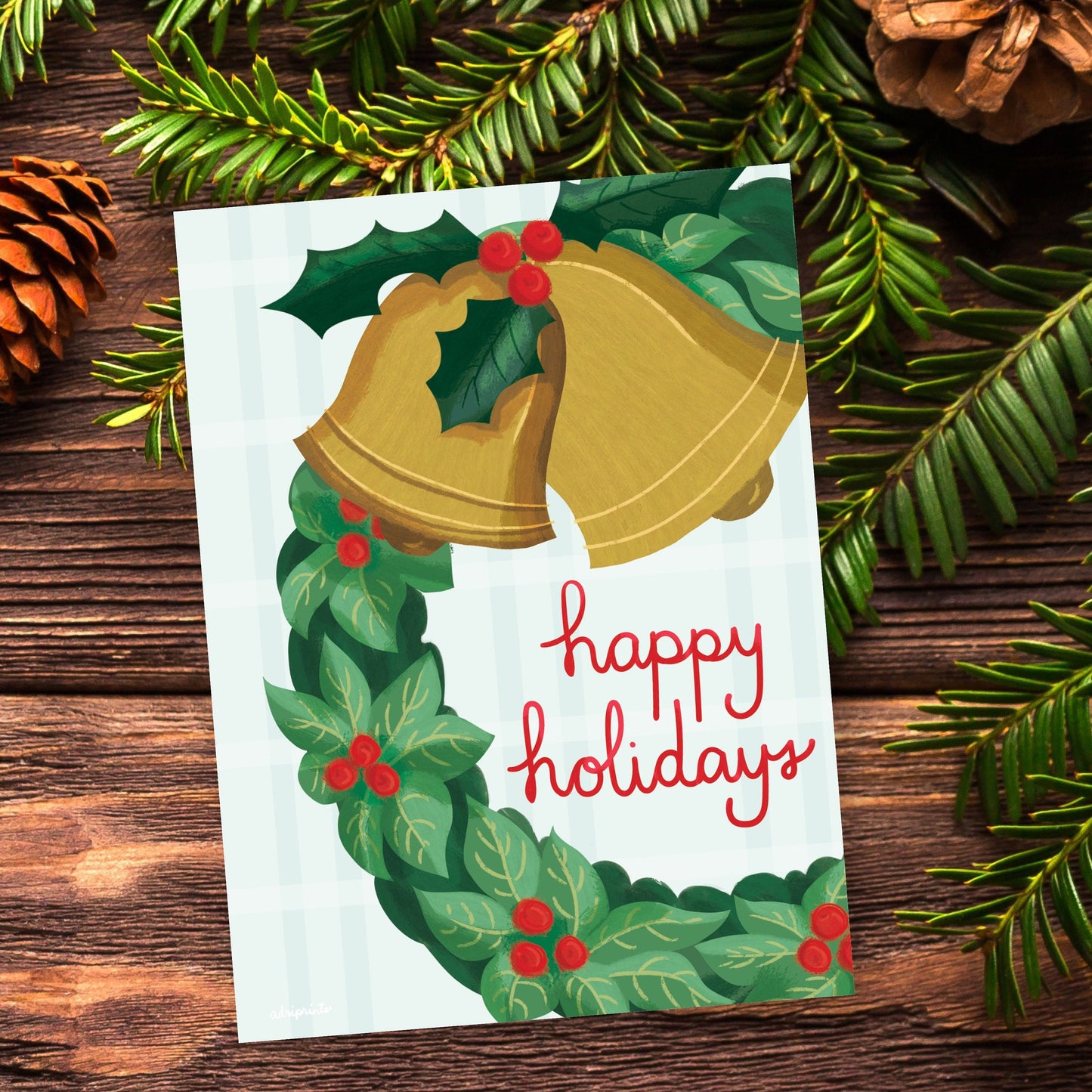 Christmas wreath, welcoming retro eco-friendly greetings, boxed 10 pack card set, art by Adriana Bergstrom