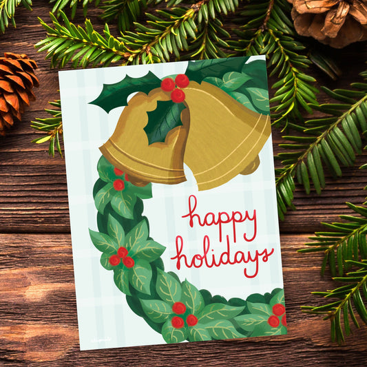 Christmas wreath, welcoming retro eco-friendly greetings, boxed 10 pack card set, art by Adriana Bergstrom