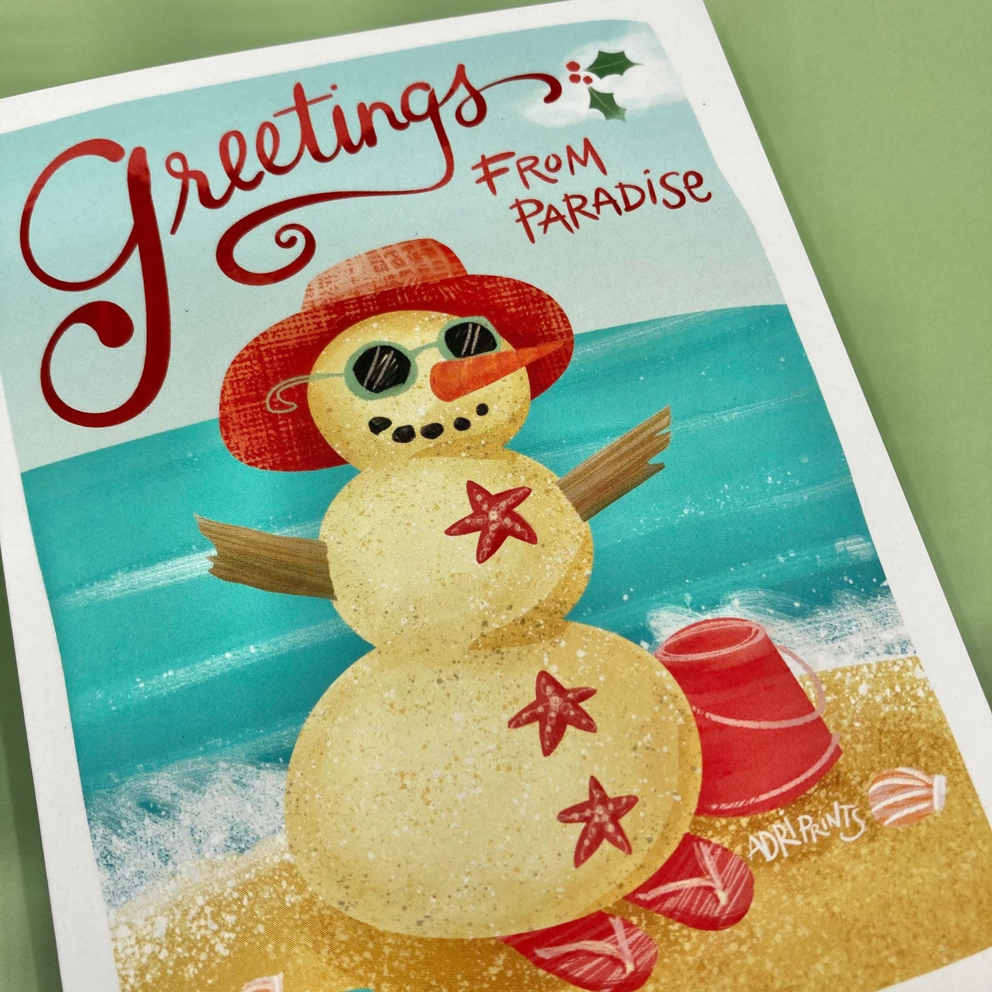 Sandy Snowman Greetings from Paradise, eco-friendly boxed cards 10 pack, art by Adriana Bergstrom