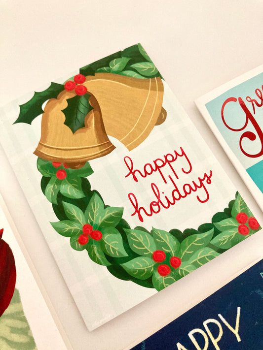 Christmas wreath, welcoming retro eco-friendly greetings, boxed 10 pack card set, art by Adriana Bergstrom