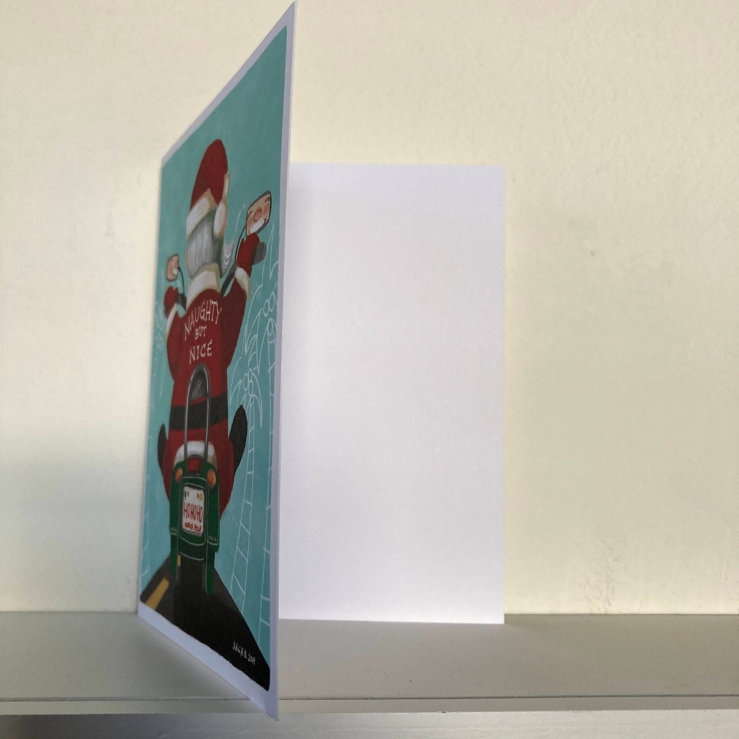 Santa on a Motorcycle eco-friendly greetings, boxed 10 pack card set, art by Adriana Bergstrom