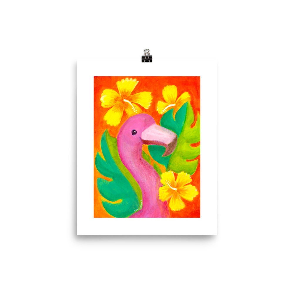 PRINT - Flamingo & Hibiscus, tropical, coastal room decor by Adriana Bergstrom