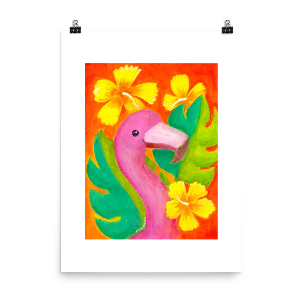 PRINT - Flamingo & Hibiscus, tropical, coastal room decor by Adriana Bergstrom