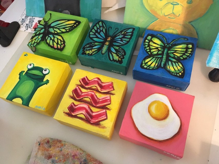 PAINTING- Butterfly on dark blue 4"/10cm square mini original painting of a butterfly w blue background, by Adriana Bergstrom