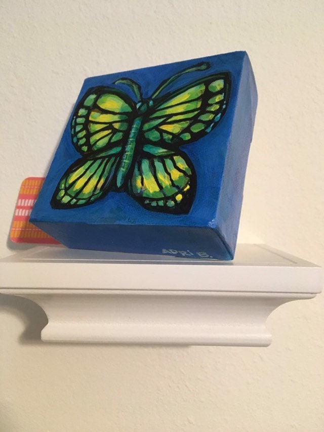 PAINTING- Butterfly on dark blue 4"/10cm square mini original painting of a butterfly w blue background, by Adriana Bergstrom