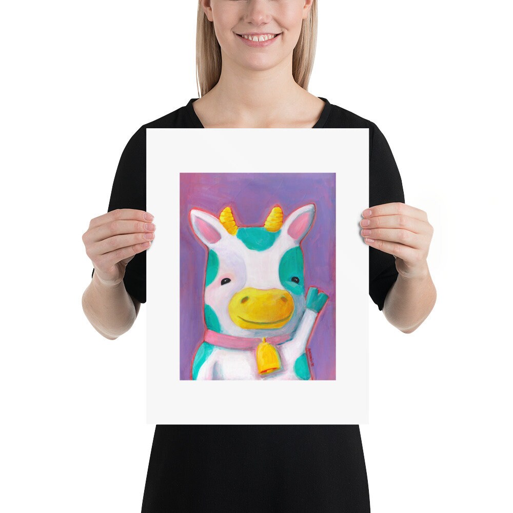 PRINT - Teal Spotted Cow on Purple ART PRINT in various sizes featuring original artwork by Adriana Bergstrom (Adriprints)