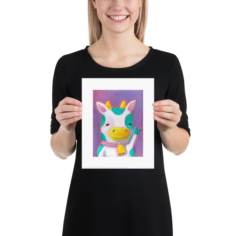 PRINT - Teal Spotted Cow on Purple ART PRINT in various sizes featuring original artwork by Adriana Bergstrom (Adriprints)