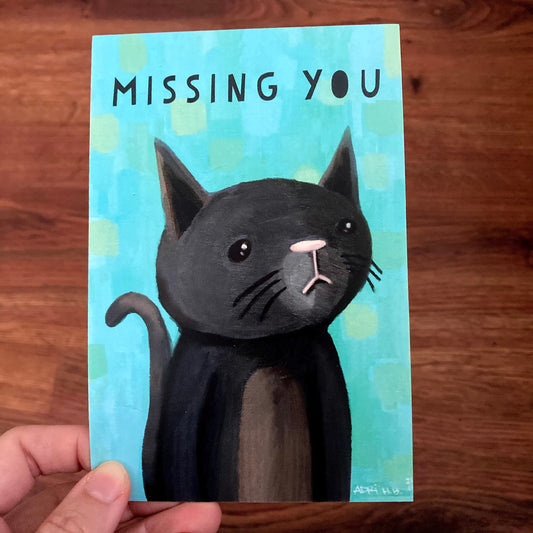 Miss You Wistful Cat postcard, 10 pack of postcards, art by Adriana Bergstrom, adriprints