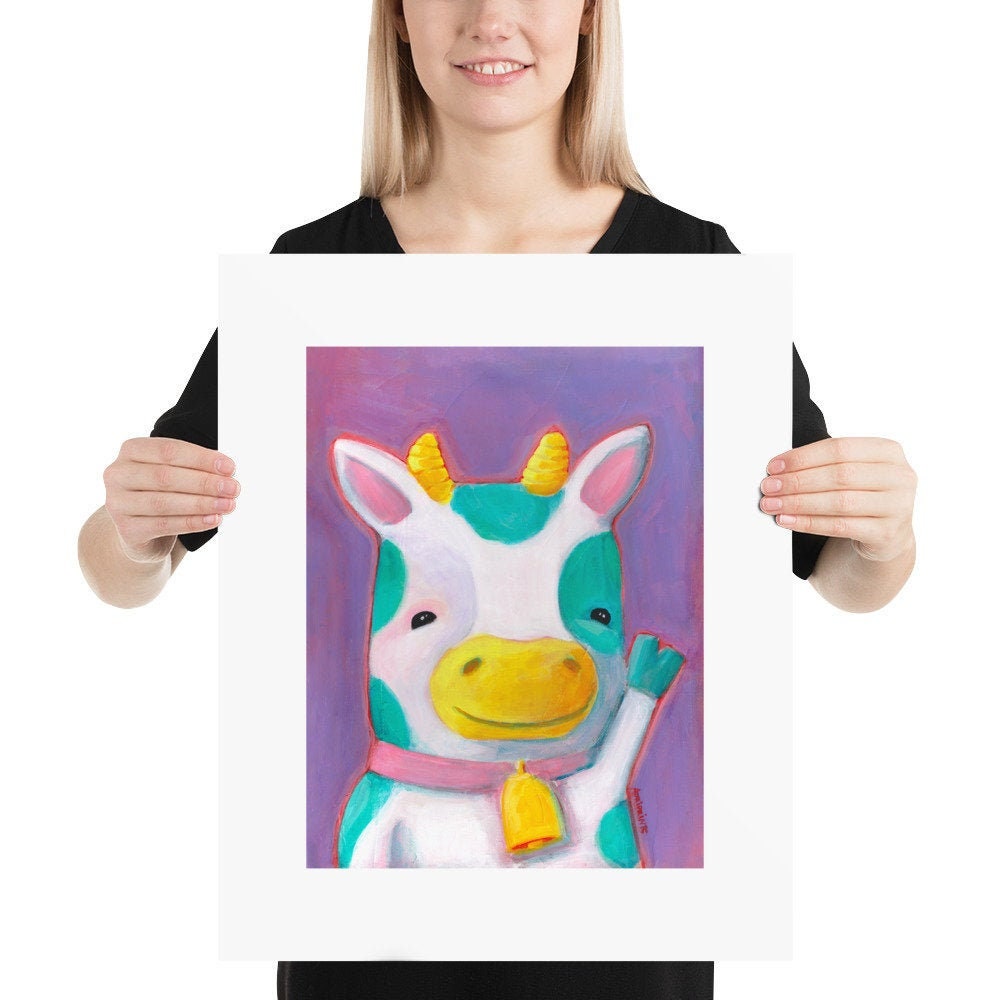 PRINT - Teal Spotted Cow on Purple ART PRINT in various sizes featuring original artwork by Adriana Bergstrom (Adriprints)