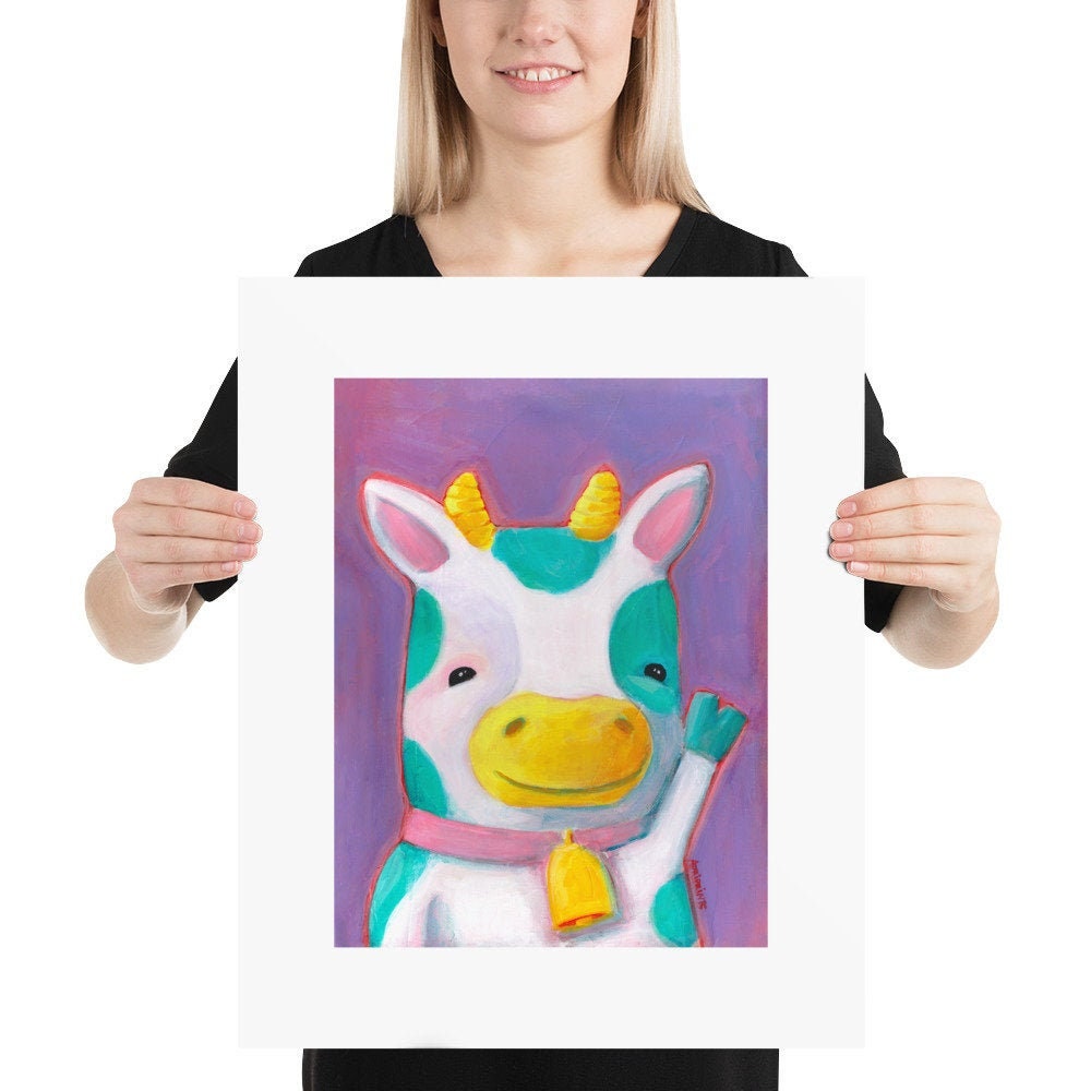 ART PRINT - Teal Spotted Cow on Purple ART PRINT in various sizes featuring original artwork by Adriana Bergstrom (Adriprints)