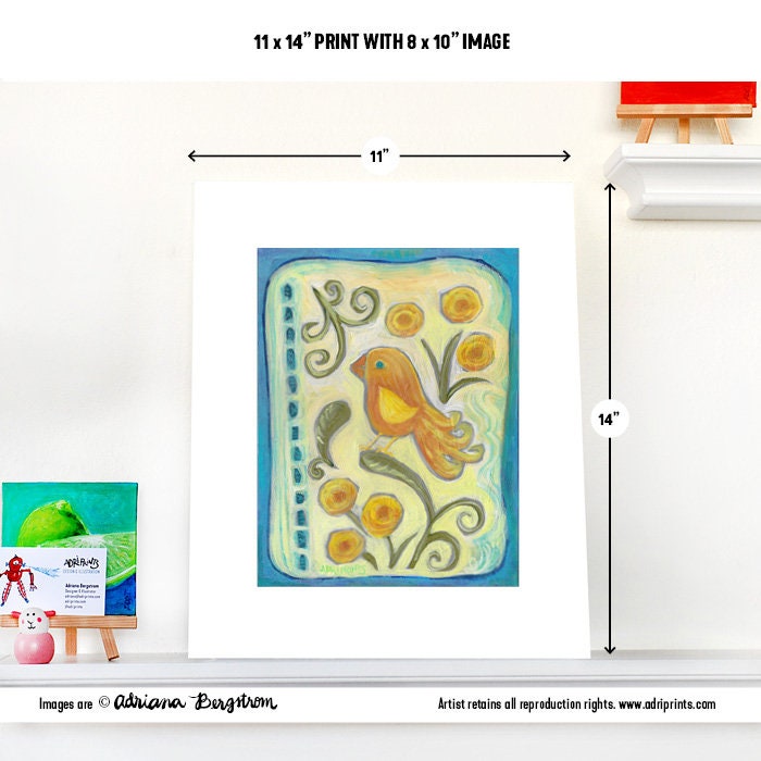 ART PRINT - Yellow Folk Art Bird print of painting by Adriana Bergstrom (Adriprints)