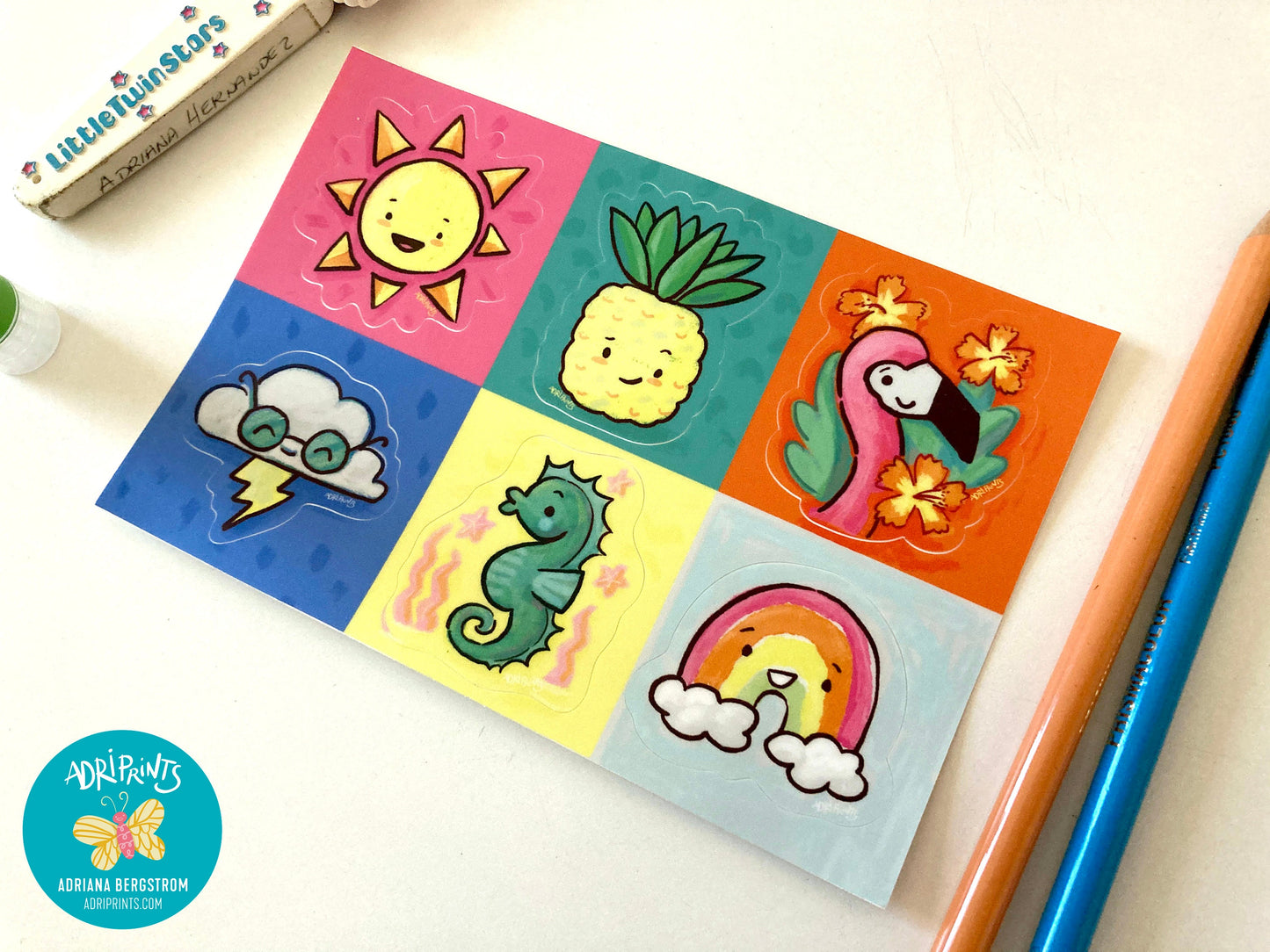 Tropical Sunshine Sticker Sheet, 6 stickers featuring art by Adriana Bergstrom (Adriprints)