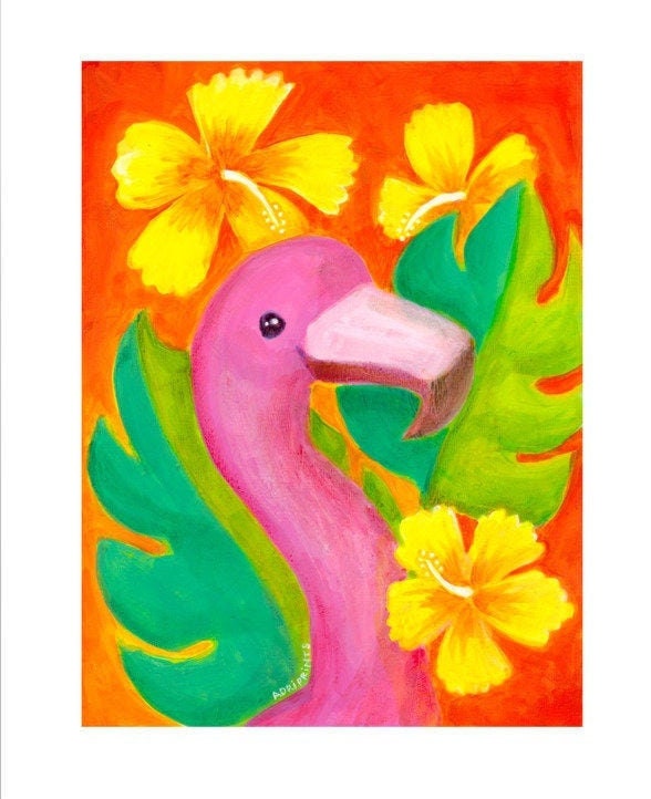 PRINT - Flamingo & Hibiscus, tropical, coastal room decor by Adriana Bergstrom