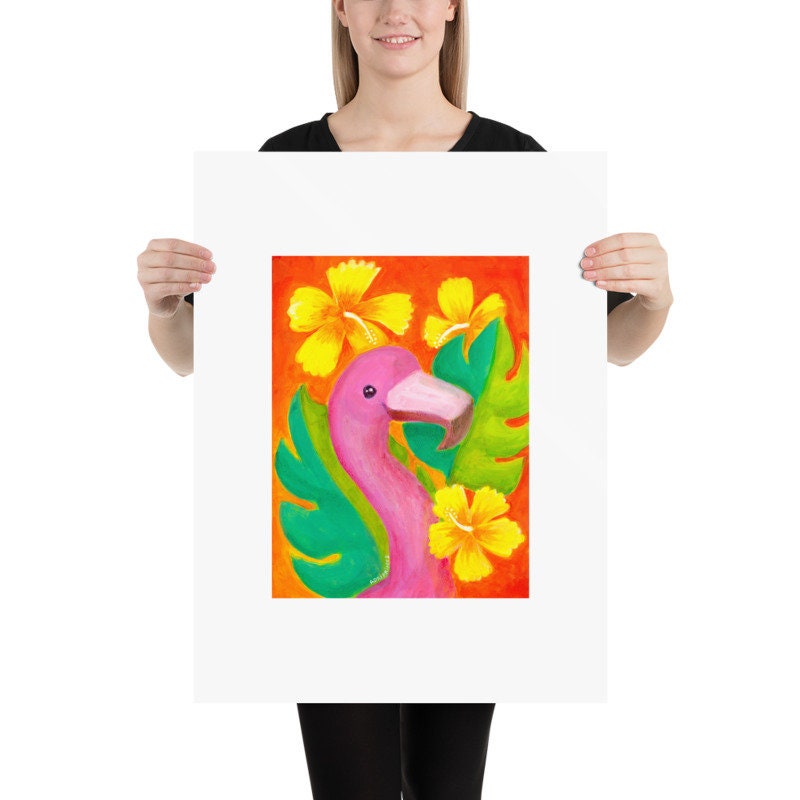 PRINT - Flamingo & Hibiscus, tropical, coastal room decor by Adriana Bergstrom