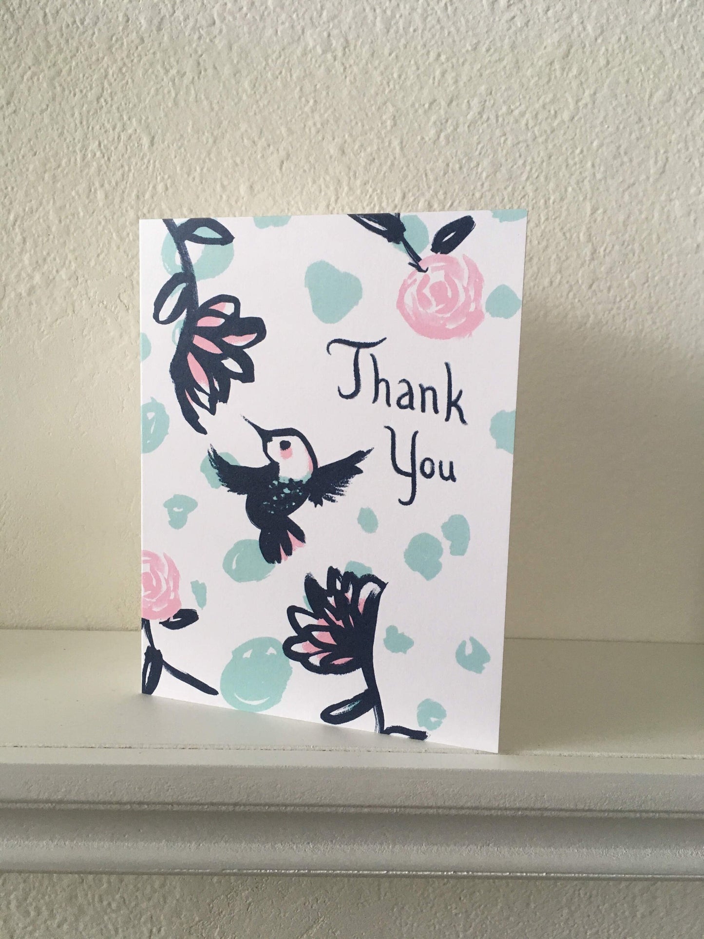 THANKS - Navy and Pink Hummingbird Notecard - appreciation, gratitude, Eco-Friendly Notecards by Adriana Bergstrom (Adriprints)