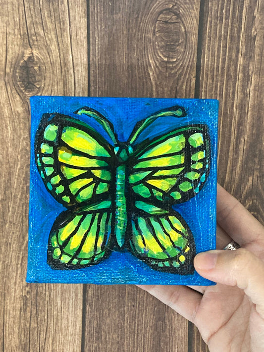 PAINTING- Butterfly on dark blue 4"/10cm square mini original painting of a butterfly w blue background, by Adriana Bergstrom