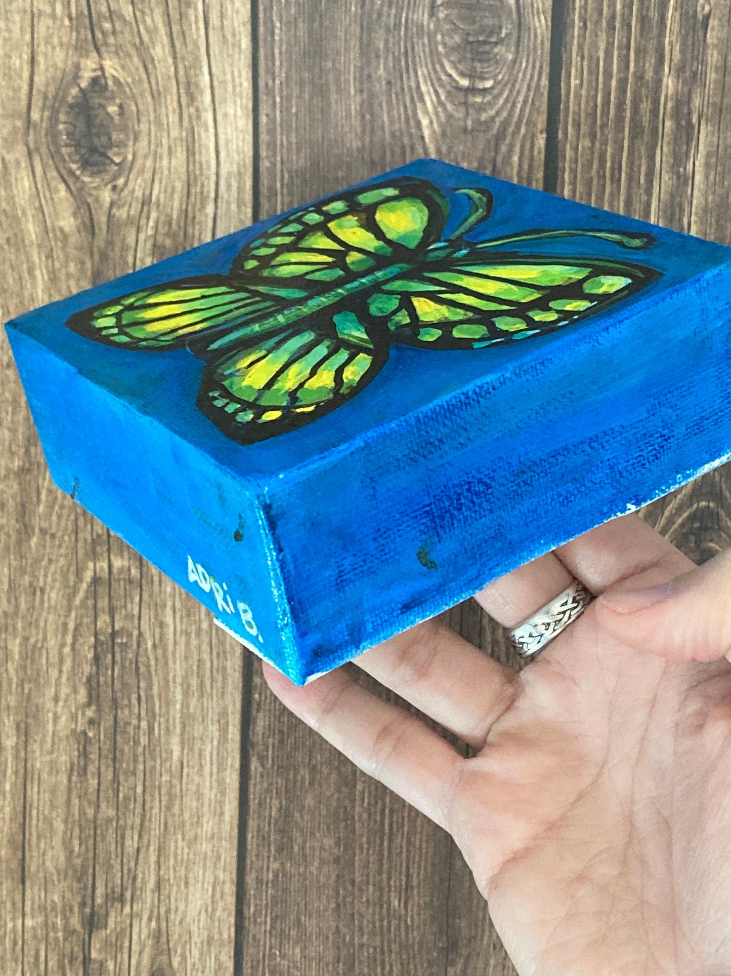 PAINTING- Butterfly on dark blue 4"/10cm square mini original painting of a butterfly w blue background, by Adriana Bergstrom