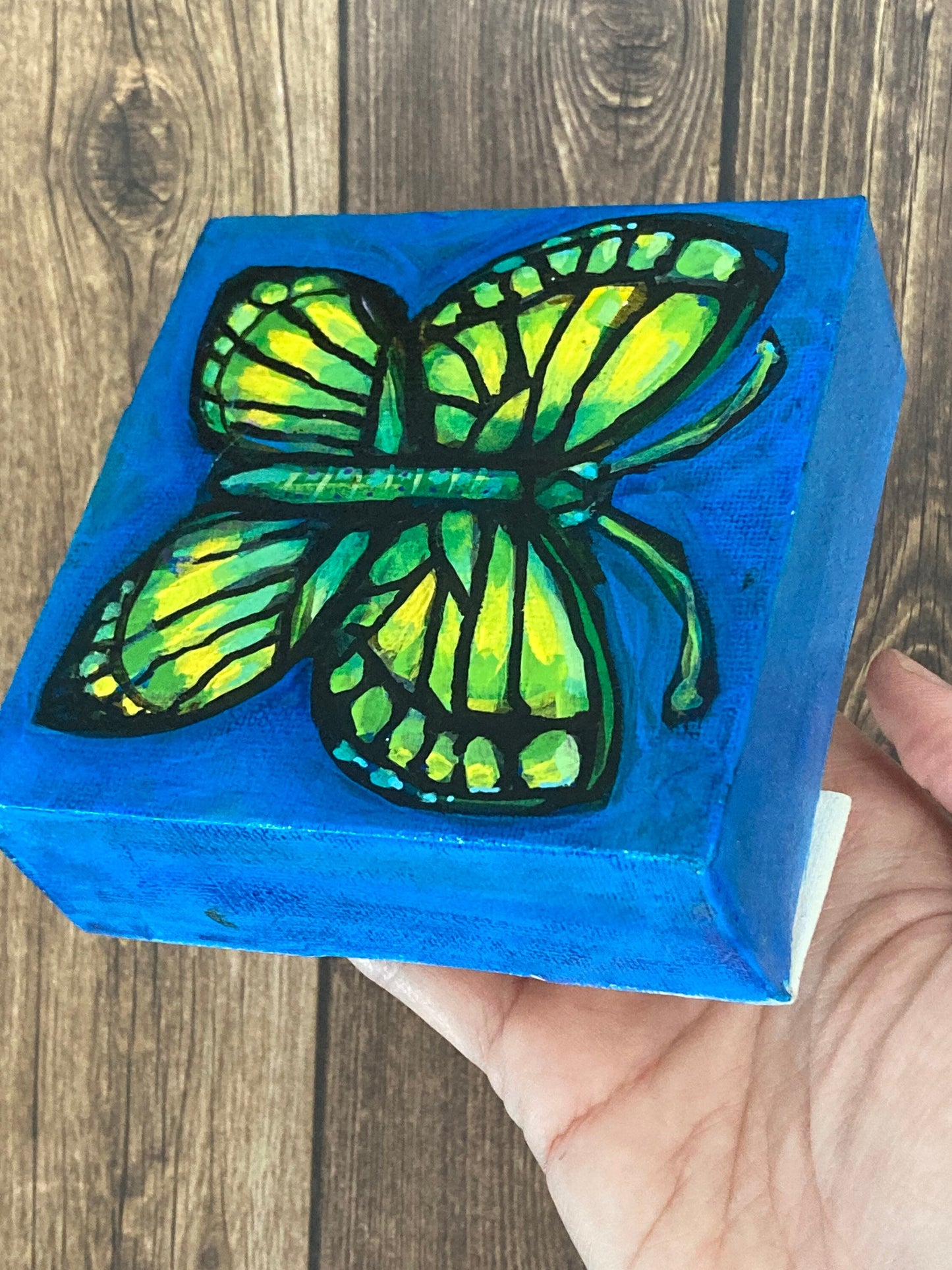 PAINTING- Butterfly on dark blue 4"/10cm square mini original painting of a butterfly w blue background, by Adriana Bergstrom